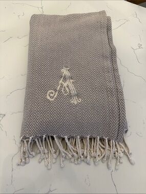 Mud Pie gray & ivory “A” monogram blanket